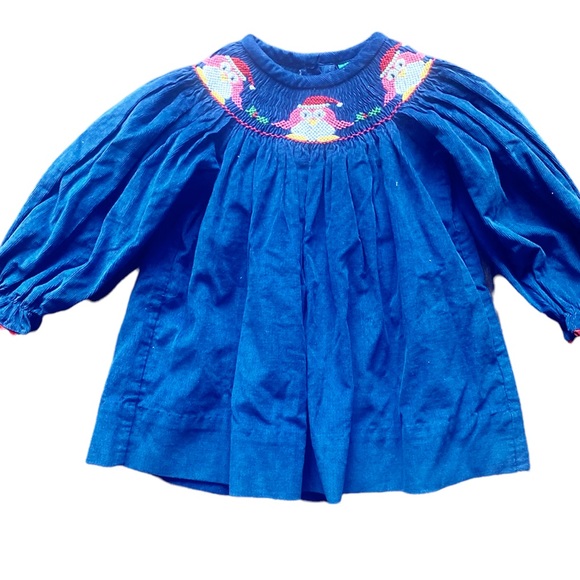 Blue Soft Corduroy Christmas Holly Penguin Santa Smock Dress 9 Month - Picture 5 of 11